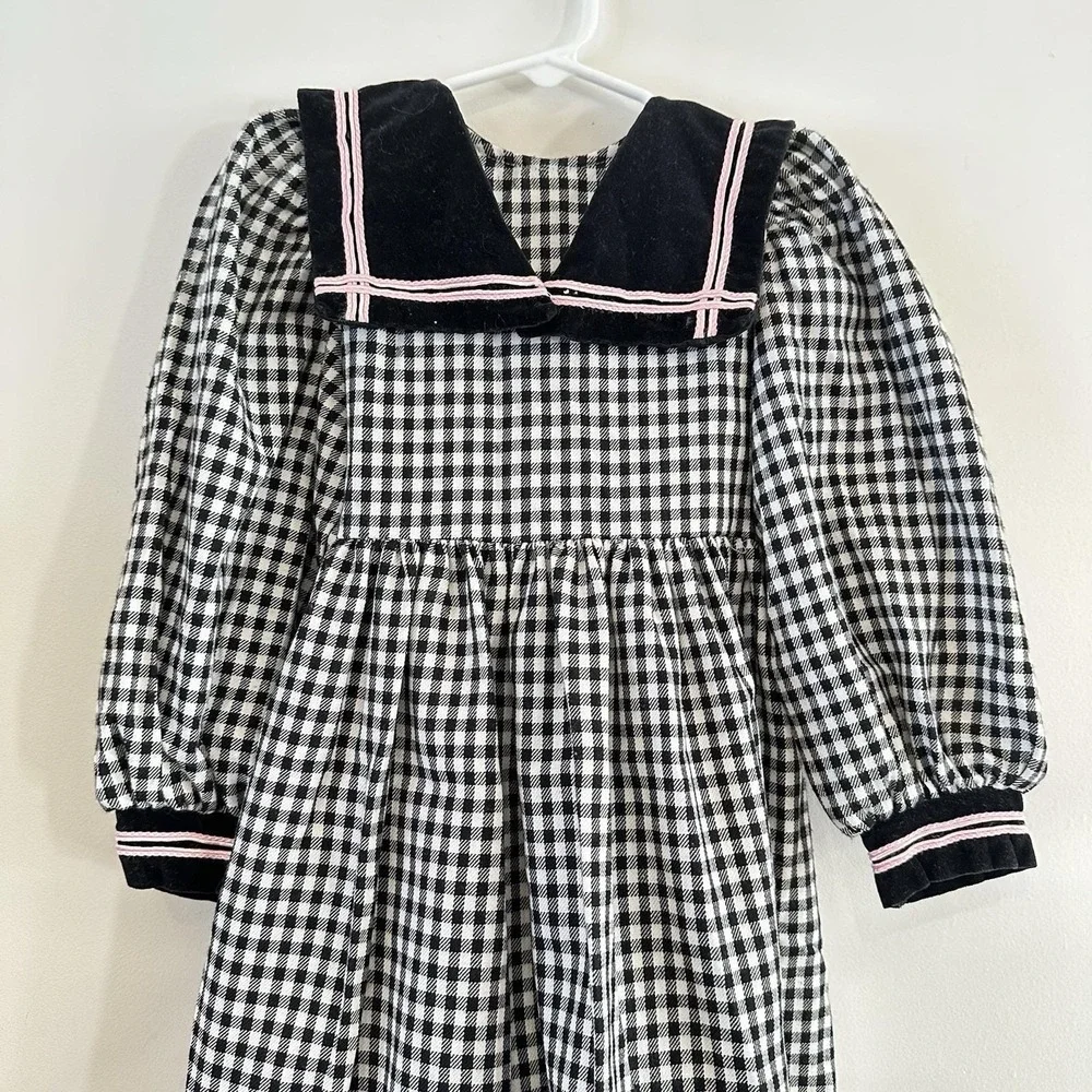 VTG 90's Debut Girls 4T‎ Toddler Dress Checkered Black White Collar Pink Tie